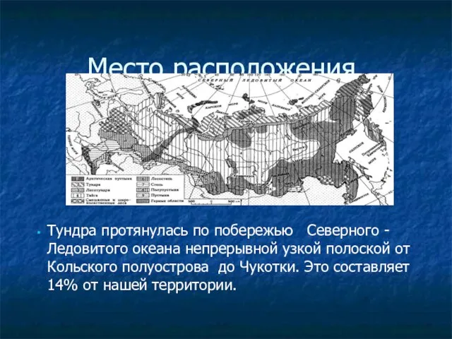 Место расположения. Тундра протянулась по побережью Северного - Ледовитого океана непрерывной узкой