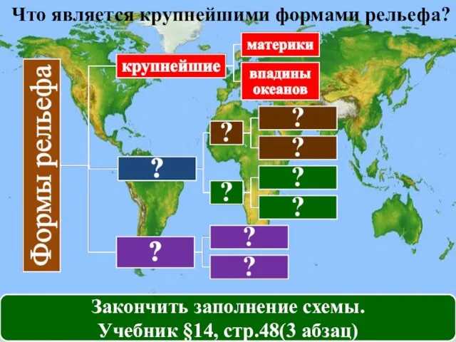 Что является крупнейшими формами рельефа? Закончить заполнение схемы. Учебник §14, стр.48(3 абзац)