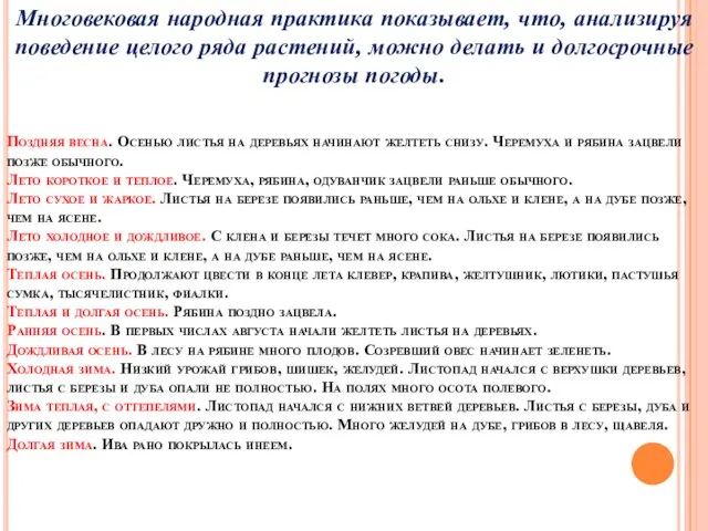 Поздняя весна. Осенью листья на деревьях начинают желтеть снизу. Черемуха и рябина