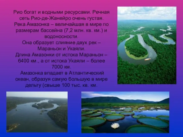 Рио богат и водными ресурсами. Речная сеть Рио-де-Жанейро очень густая. Река Амазонка