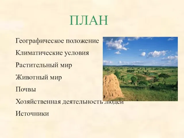 ПЛАН Географическое положение Климатические условия Растительный мир Животный мир Почвы Хозяйственная деятельность людей Источники