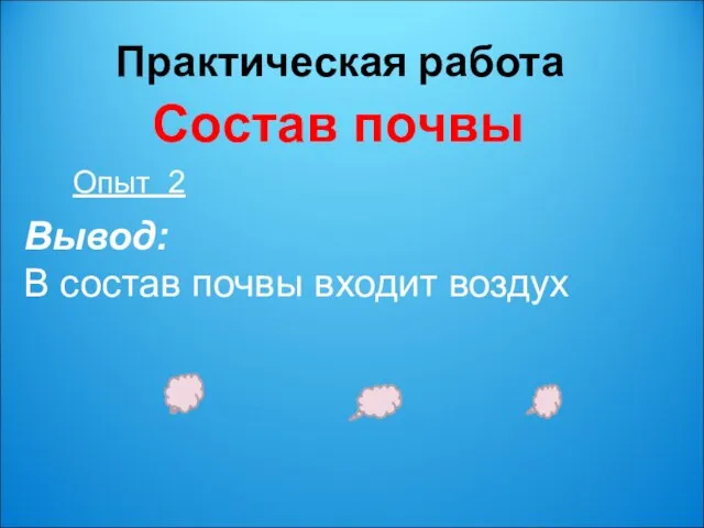 Практическая работа Состав почвы Опыт 2 Вывод: В состав почвы входит воздух