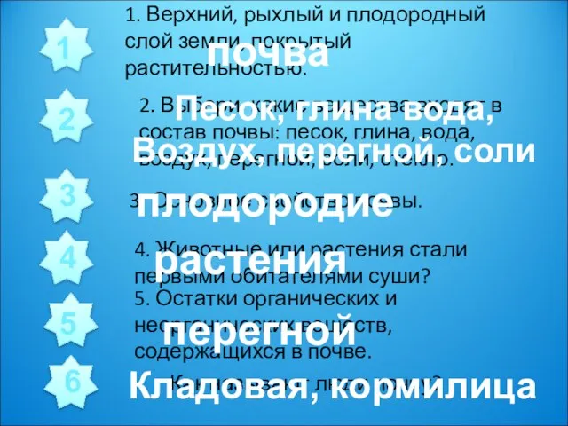 1. Верхний, рыхлый и плодородный слой земли, покрытый растительностью. 2. Выбери, какие