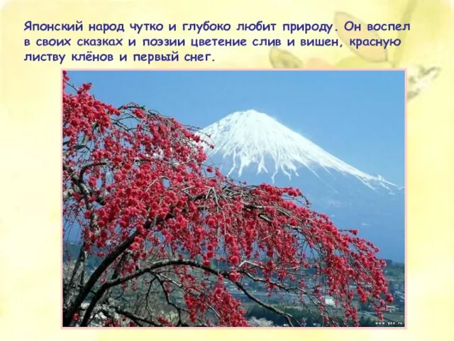 Японский народ чутко и глубоко любит природу. Он воспел в своих сказках