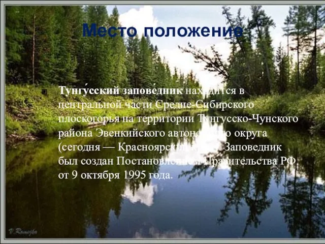 Место положение Тунгу́сский запове́дник находится в центральной части Средне-Сибирского плоскогорья на территории