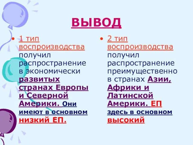 ВЫВОД 1 тип воспроизводства получил распространение в экономически развитых странах Европы и