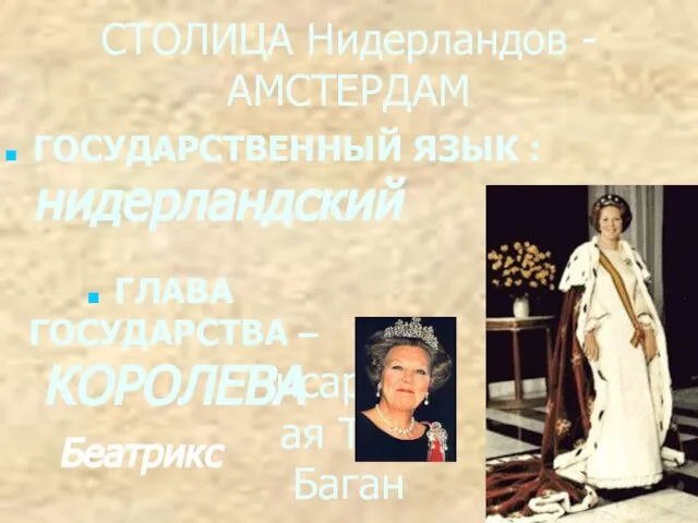 Писаревская Т.П. Баган СТОЛИЦА Нидерландов - АМСТЕРДАМ ГОСУДАРСТВЕННЫЙ ЯЗЫК : нидерландский ГЛАВА ГОСУДАРСТВА – КОРОЛЕВА Беатрикс