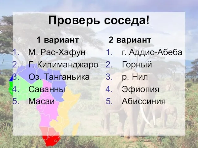 Проверь соседа! 1 вариант М. Рас-Хафун Г. Килиманджаро Оз. Танганьика Саванны Масаи