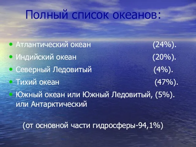 Полный список океанов: Атлантический океан (24%). Индийский океан (20%). Северный Ледовитый (4%).