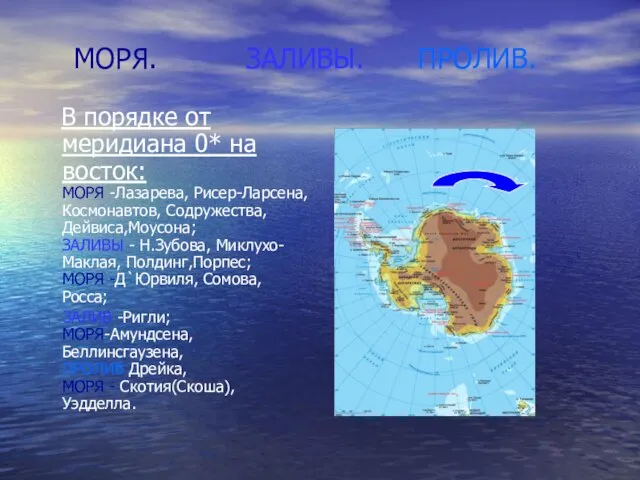 МОРЯ. ЗАЛИВЫ. ПРОЛИВ. В порядке от меридиана 0* на восток: МОРЯ -Лазарева,