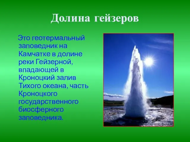 Долина гейзеров Это геотермальный заповедник на Камчатке в долине реки Гейзерной, впадающей