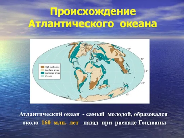 Происхождение Атлантического океана Атлантический океан - самый молодой, образовался около 160 млн.