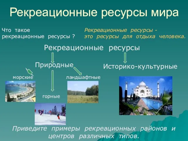 Рекреационные ресурсы мира морские горные ландшафтные Приведите примеры рекреационных районов и центров