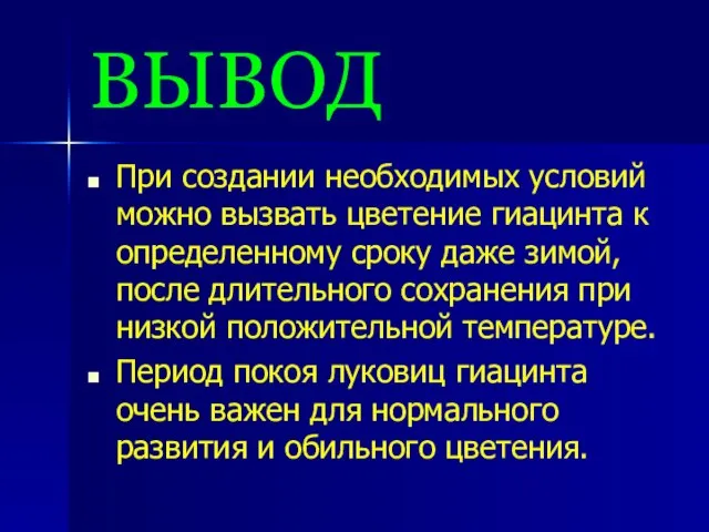 ВЫВОД При создании необходимых условий можно вызвать цветение гиацинта к определенному сроку