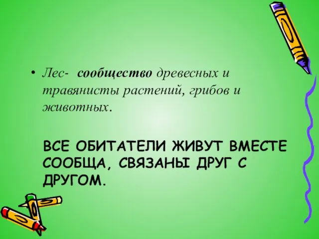 Лес- сообщество древесных и травянисты растений, грибов и животных. ВСЕ ОБИТАТЕЛИ ЖИВУТ