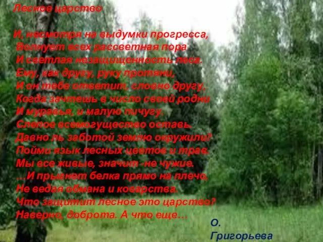 Лесное царство И, несмотря на выдумки прогресса, Волнует всех рассветная пора И