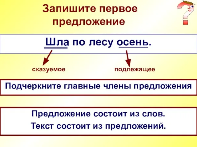 Запишите первое предложение Шла по лесу осень. Подчеркните главные члены предложения подлежащее