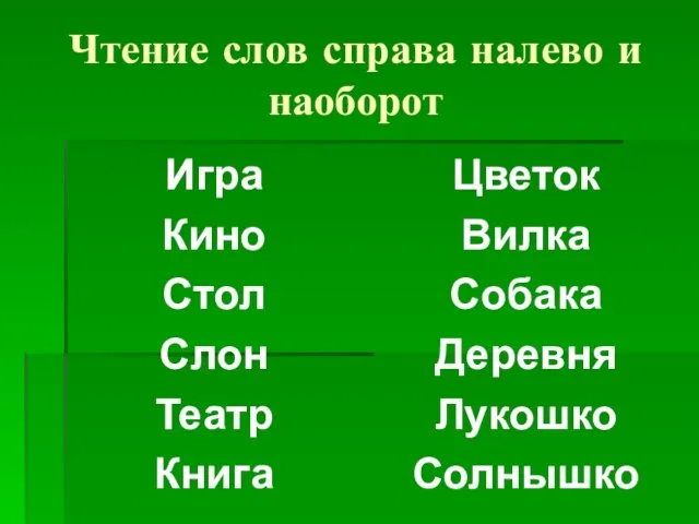 Чтение слов справа налево и наоборот Игра Кино Стол Слон Театр Книга