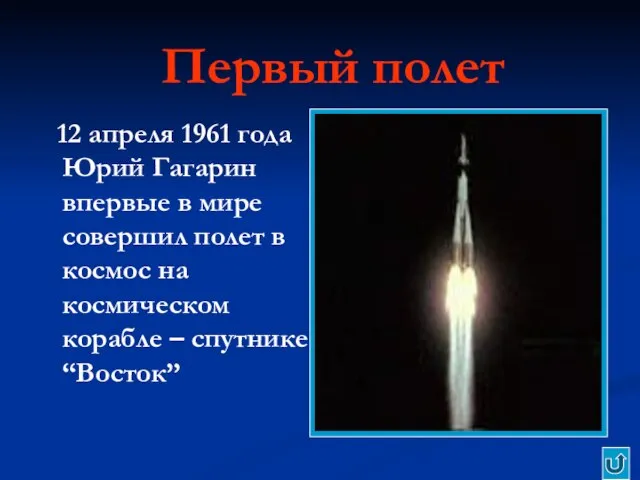 Первый полет 12 апреля 1961 года Юрий Гагарин впервые в мире совершил