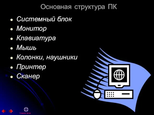 Основная структура ПК Системный блок Монитор Клавиатура Мышь Колонки, наушники Принтер Сканер Главное меню