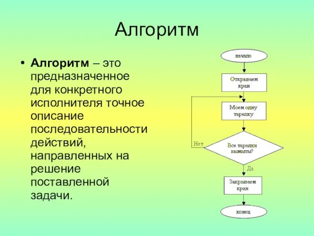 Алгоритм Алгоритм – это предназначенное для конкретного исполнителя точное описание последовательности действий,