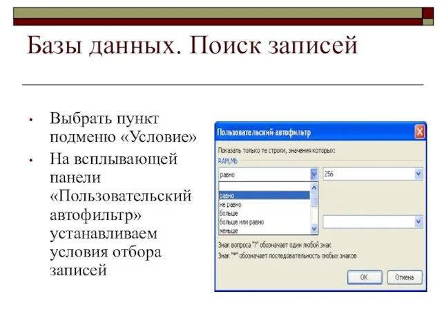 Базы данных. Поиск записей Выбрать пункт подменю «Условие» На всплывающей панели «Пользовательский