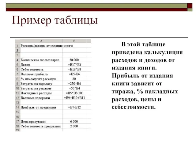 Пример таблицы В этой таблице приведена калькуляция расходов и доходов от издания