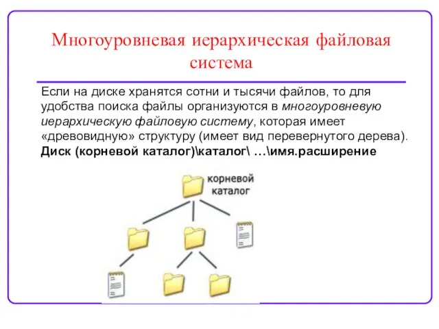 Многоуровневая иерархическая файловая система Если на диске хранятся сотни и тысячи файлов,