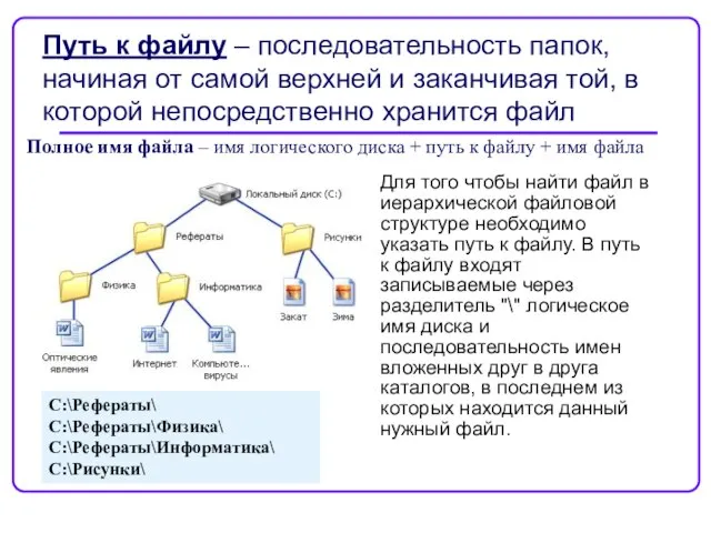 Путь к файлу – последовательность папок, начиная от самой верхней и заканчивая