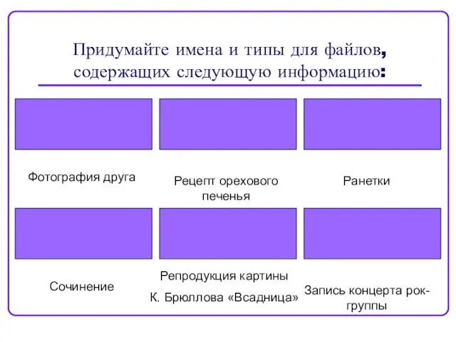 Придумайте имена и типы для файлов, содержащих следующую информацию: Фотография друга Рецепт