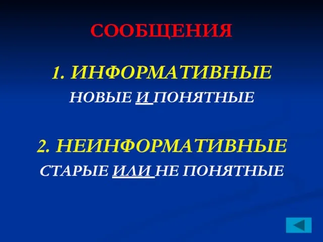 СООБЩЕНИЯ 1. ИНФОРМАТИВНЫЕ НОВЫЕ И ПОНЯТНЫЕ 2. НЕИНФОРМАТИВНЫЕ СТАРЫЕ ИЛИ НЕ ПОНЯТНЫЕ