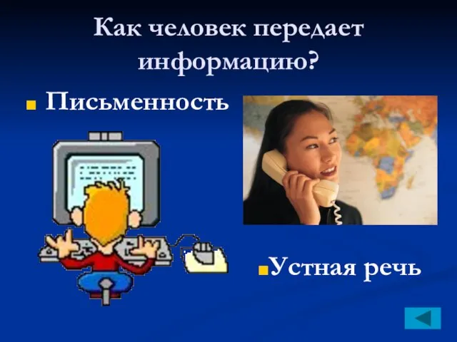 Как человек передает информацию? Письменность Устная речь