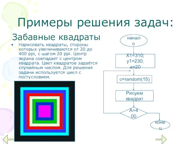 Примеры решения задач: Нарисовать квадраты, стороны которых увеличиваются от 20 до 400