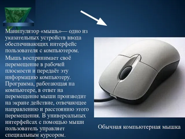 Манипулятор «мышь»— одно из указательных устройств ввода обеспечивающих интерфейс пользователя с компьютером.