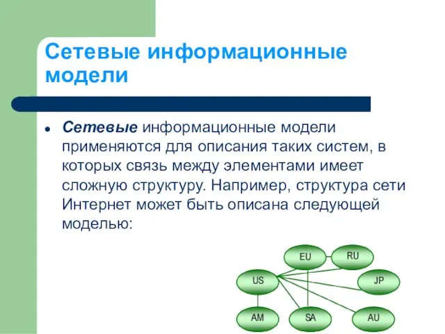 Сетевые информационные модели Сетевые информационные модели применяются для описания таких систем, в