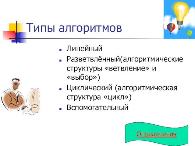 Типы алгоритмов Линейный Разветвлённый(алгоритмические структуры «ветвление» и «выбор») Циклический (алгоритмическая структура «цикл») Вспомогательный Определения