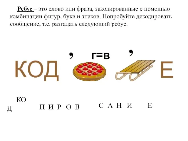 Ребус – это слово или фраза, закодированные с помощью комбинации фигур, букв