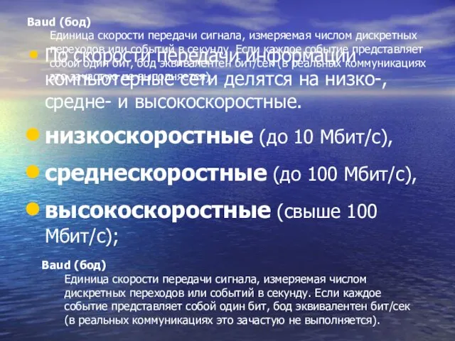 Baud (бод) Единица скорости передачи сигнала, измеряемая числом дискретных переходов или событий