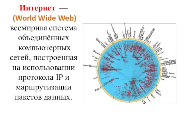 Интернет — (World Wide Web) всемирная система объединённых компьютерных сетей, построенная на