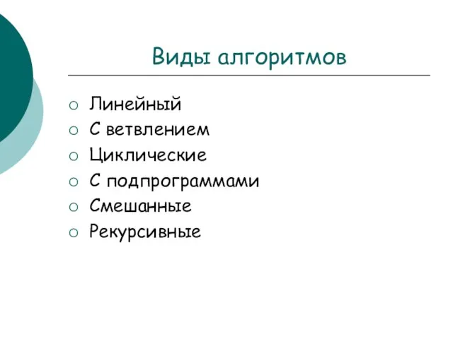 Виды алгоритмов Линейный С ветвлением Циклические С подпрограммами Смешанные Рекурсивные