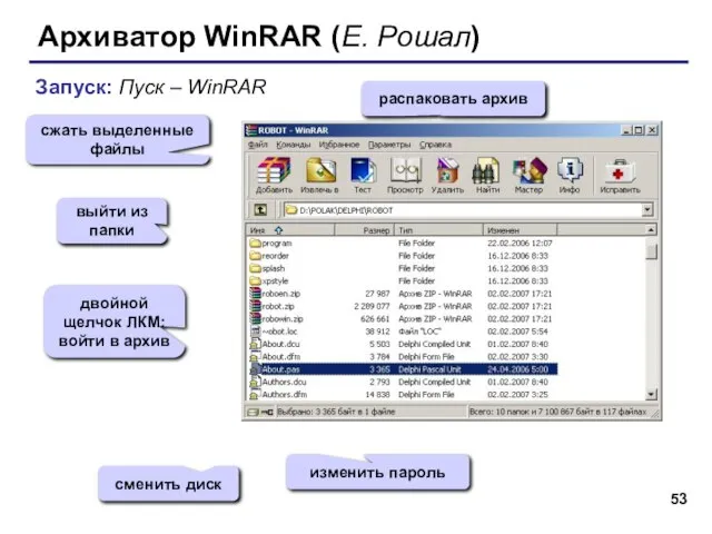 Архиватор WinRAR (Е. Рошал) Запуск: Пуск – WinRAR сжать выделенные файлы распаковать