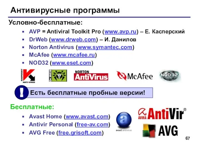 Антивирусные программы AVP = Antiviral Toolkit Pro (www.avp.ru) – Е. Касперский DrWeb