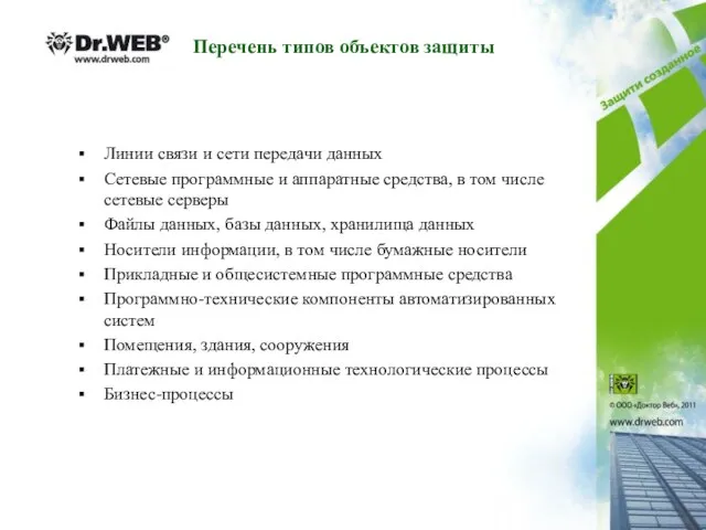 Перечень типов объектов защиты Линии связи и сети передачи данных Сетевые программные