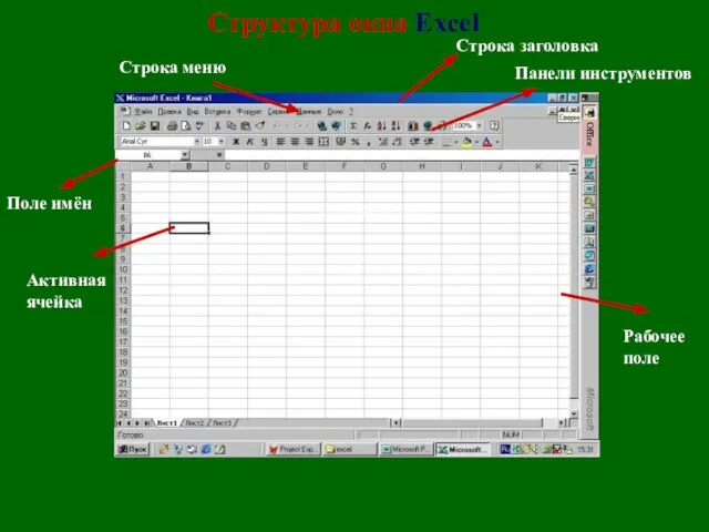 Структура окна Excel Строка меню Рабочее поле Панели инструментов Строка заголовка Активная