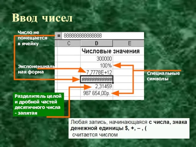 Ввод чисел Экспоненциальная форма Специальные символы Число не помещается в ячейку Разделитель