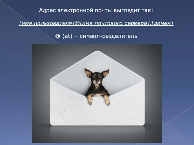 Адрес электронной почты выглядит так: [имя пользователя]@[имя почтового сервера].[домен] @ (at) – символ-разделитель