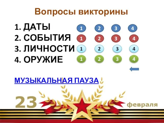 1. ДАТЫ 2. СОБЫТИЯ 3. ЛИЧНОСТИ 4. ОРУЖИЕ МУЗЫКАЛЬНАЯ ПАУЗА Вопросы викторины