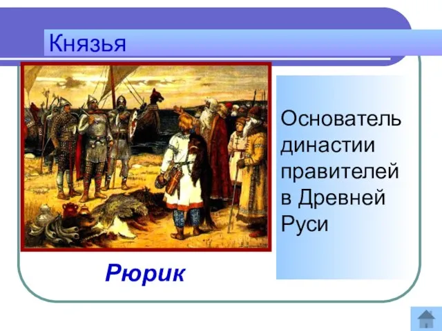 Князья Основатель династии правителей в Древней Руси Ответ: Рюрик