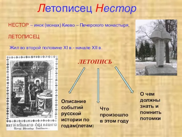 Летописец Нестор Жил во второй половине XI в.- начале XII в. ЛЕТОПИСЬ