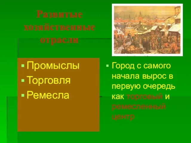 Развитые хозяйственные отрасли Промыслы Торговля Ремесла Город с самого начала вырос в